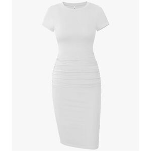 Missufe Women’s White Ruched Short Sleeve Bodycon Midi T-Shirt Sundress Size XL